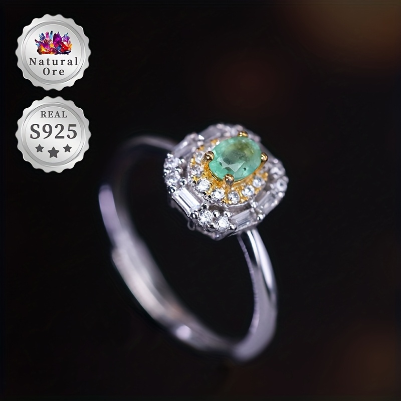Women's Adjustable 925 Silver Ring with Green Natural Gemstones